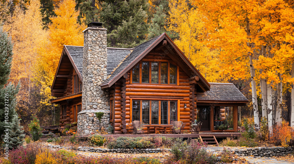 A stunning log cabin with a stone chimney, nestled among vibrant trees during Thanksgiving. A stunning log cabin with a stone chimney, nestled among vibrant trees during Thanksgiving.