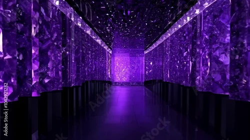 Futuristic hallway with glowing purple lights and reflective walls. technological concept. photo