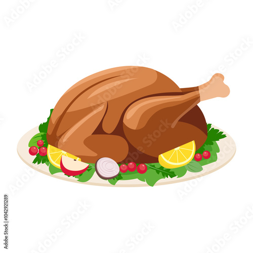 Thanksgiving roasted turkey meat with garnish. Turkey Bird with Lemon Slices, Berry, onion and salad. Vector Illustration.