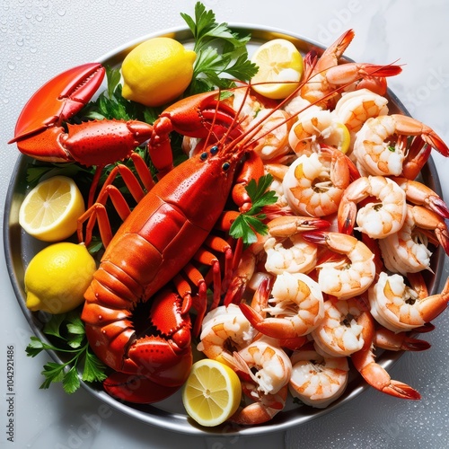 Freshly cooked lobster and shrimp with lemon and parsley on a plate