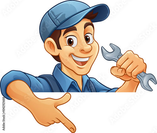 A mechanic or plumber handyman cartoon mascot man holding a wrench or spanner peeking around a sign and pointing at it photo