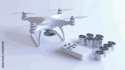 Drone quadcopter with remote control and gamepad on a white background.