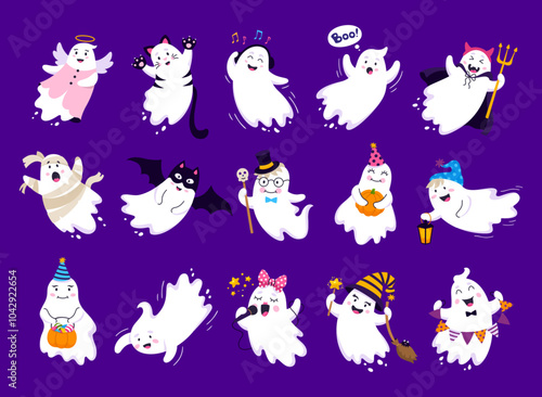 Cute and playful ghost characters dressed in various Halloween costumes. A fun and colorful design perfect for Halloween-themed decorations or greeting cards.