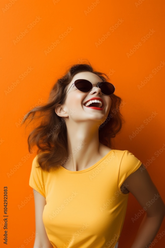 custom made wallpaper toronto digitalThe image features a happy girl laughing joyfully while wearing sunglasses and a yellow t-shirt, set against a simple orange background that enhances her cheerful expression.