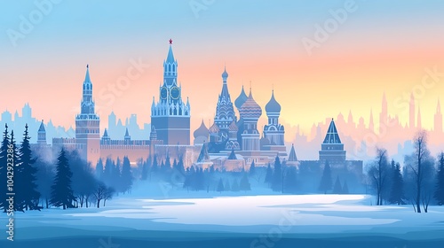 Minimalist flat illustration of Moscow's silhouette, including Saint Basil's Cathedral and the Kremlin, with a soft winter gradient transitioning from light grey to blue, clean lines, simple shapes,