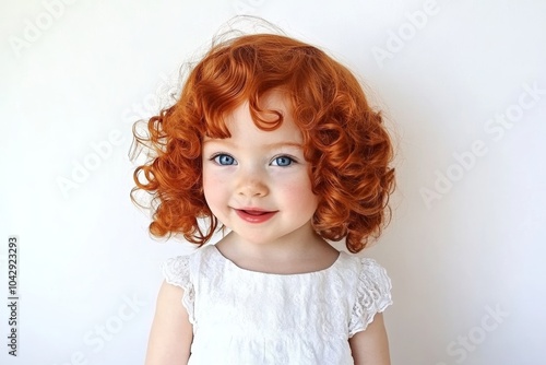 Young girl with curly brown hair and blue eyes. girl with short light brown mixed with abit of red curly hair, blue eyes, pink lips and a white dress against a minimal, plain background