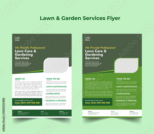 Flyer design template for lawn and gardening services. Design of a poster leaflet for gardening and tree services. Template for lawnmower flyers