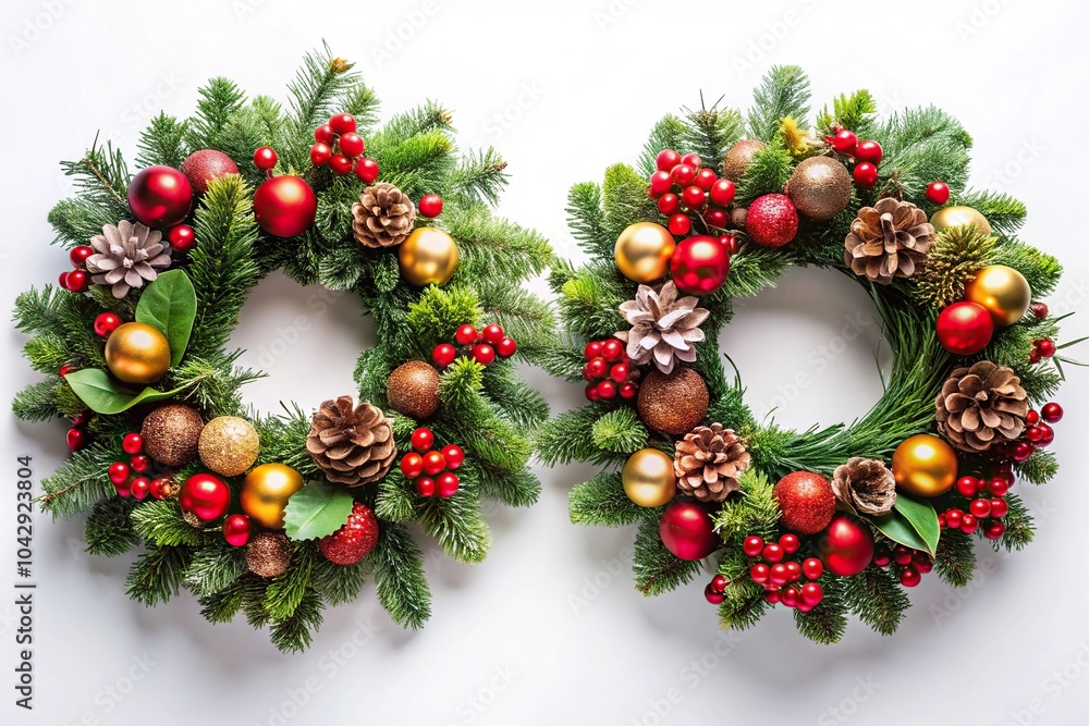Low angle view of isolated Christmas wreaths with festive decorations Low angle view of isolated Christmas wreaths with festive decorations