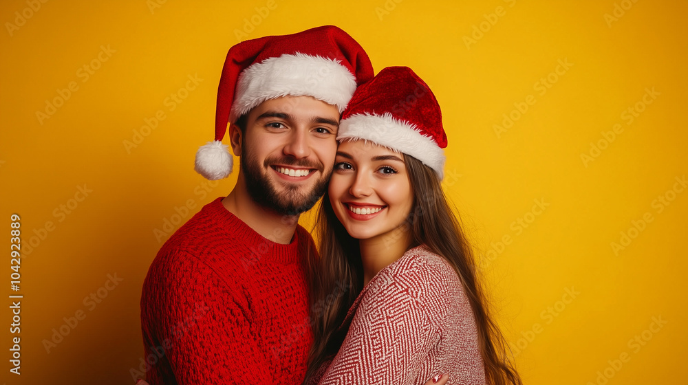 Smiling couple of friends man and woman 20s in red sweater hugging isolated on yellow background.Happy New Year,celebration,fun holiday concept. Smiling couple of friends man and woman 20s in red sweater hugging isolated on yellow background.Happy New Year,celebration,fun holiday concept.