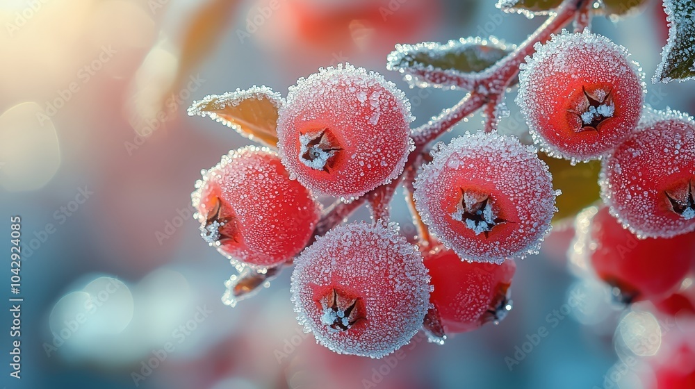 Red winter berries in a image, covered in frost and surrounded by snow, perfect for seasonal or holiday themes. Red winter berries in a image, covered in frost and surrounded by snow, perfect for seasonal or holiday themes.