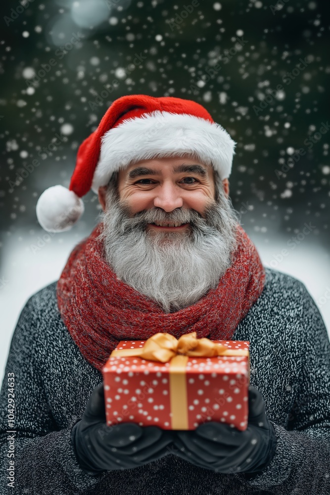 A man with a red hat and beard is holding a red box with a gold bow. He is smiling and he is happy A man with a red hat and beard is holding a red box with a gold bow. He is smiling and he is happy