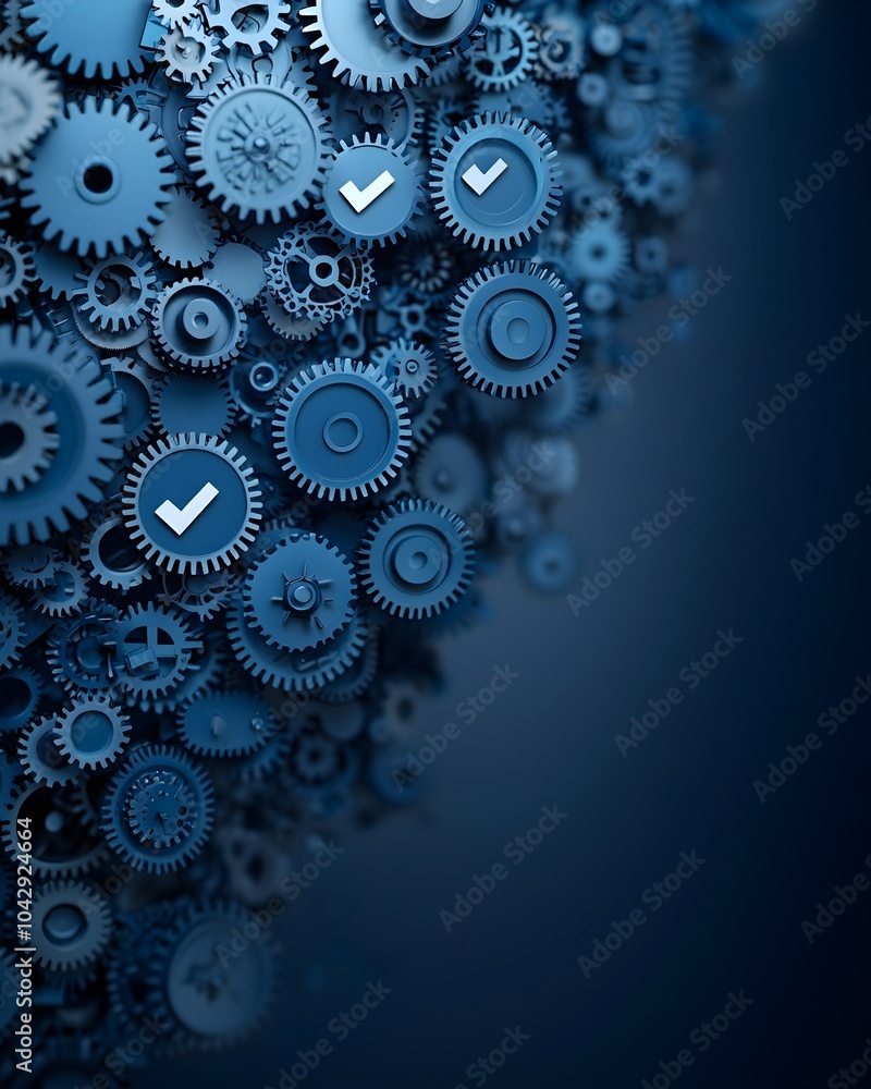 Abstract blue gears with checkmarks symbolizing efficiency Abstract blue gears with checkmarks symbolizing efficiency