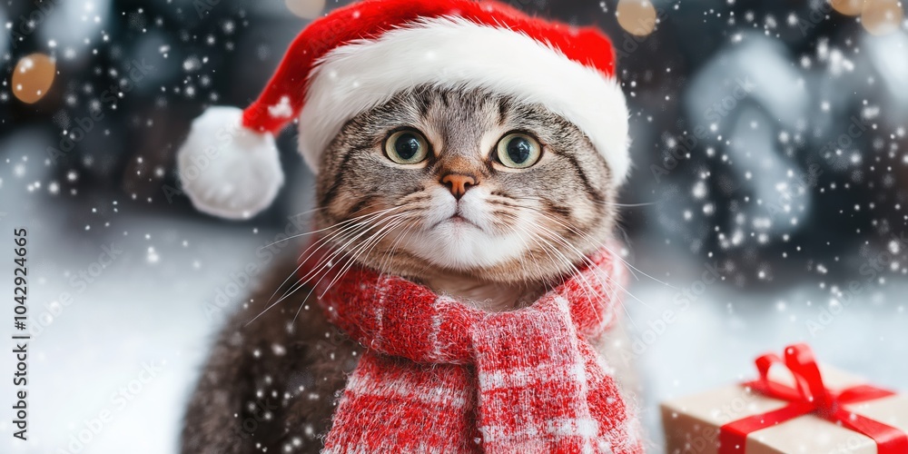 A cat wearing a Santa hat and a red scarf is sitting in front of a red box. The cat appears to be looking at the camera with a curious expression. Concept of warmth and holiday cheer A cat wearing a Santa hat and a red scarf is sitting in front of a red box. The cat appears to be looking at the camera with a curious expression. Concept of warmth and holiday cheer