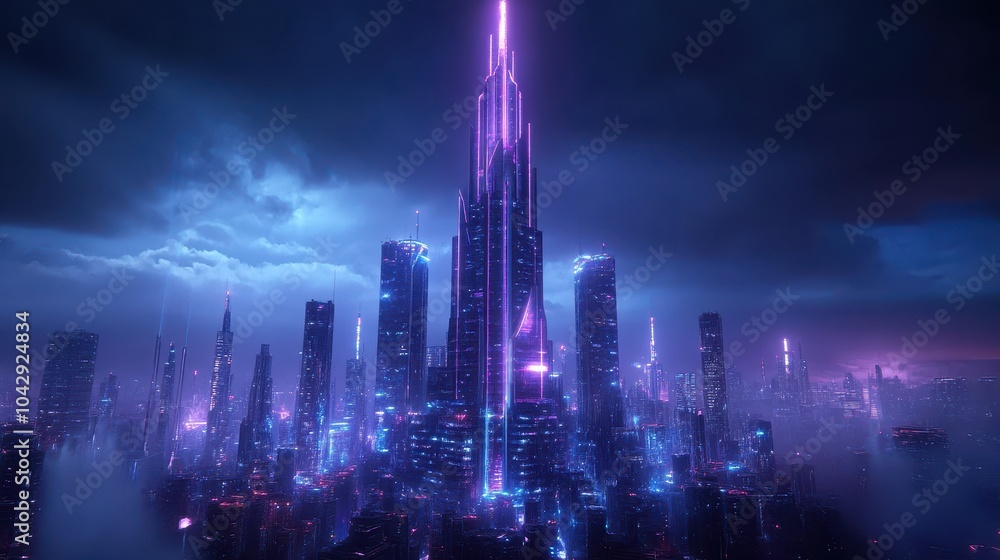 Fototapeta premium A stunning futuristic skyscraper crafted from polished metal, reflecting the vibrant city skyline.