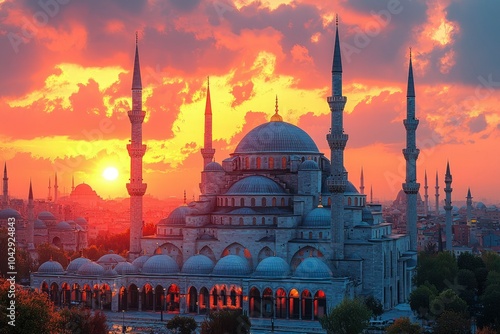 The Blue Mosque in Istanbul with a Sunset Sky