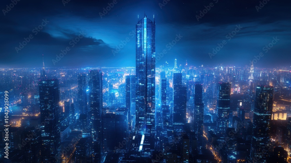 Fototapeta premium A stunning futuristic skyscraper crafted from polished metal, reflecting the vibrant city skyline.