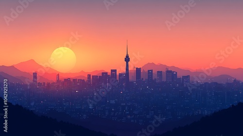 Minimalist flat illustration of Seoul's skyline, featuring the silhouettes of N Seoul Tower and Lotte World Tower, set against a calming gradient sky, clean lines, simple geometric shapes, photo