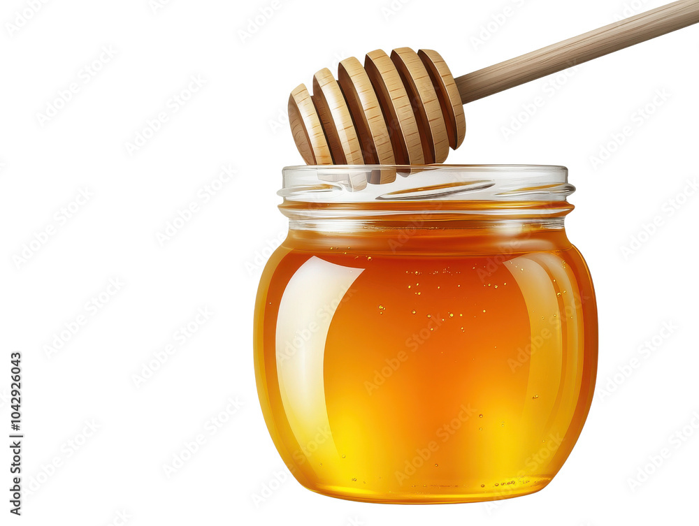 A close-up of a glass jar filled with golden honey and a retro wooden honey dipper, perfect for culinary uses and natural sweetness on transparent background. A close-up of a glass jar filled with golden honey and a retro wooden honey dipper, perfect for culinary uses and natural sweetness on transparent background.