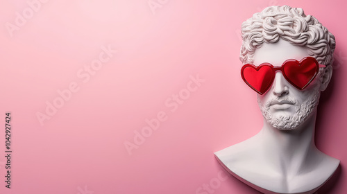 white sculpture of ancient Greek mans head wearing heart shaped red sunglasses against pink background creates playful and modern contrast