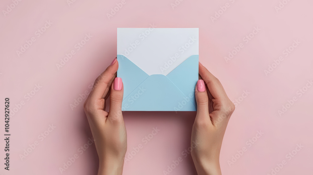 Hands holding blank white card with blue envelope on pink background, creating serene and inviting atmosphere. Perfect for invitations or announcements Hands holding blank white card with blue envelope on pink background, creating serene and inviting atmosphere. Perfect for invitations or announcements