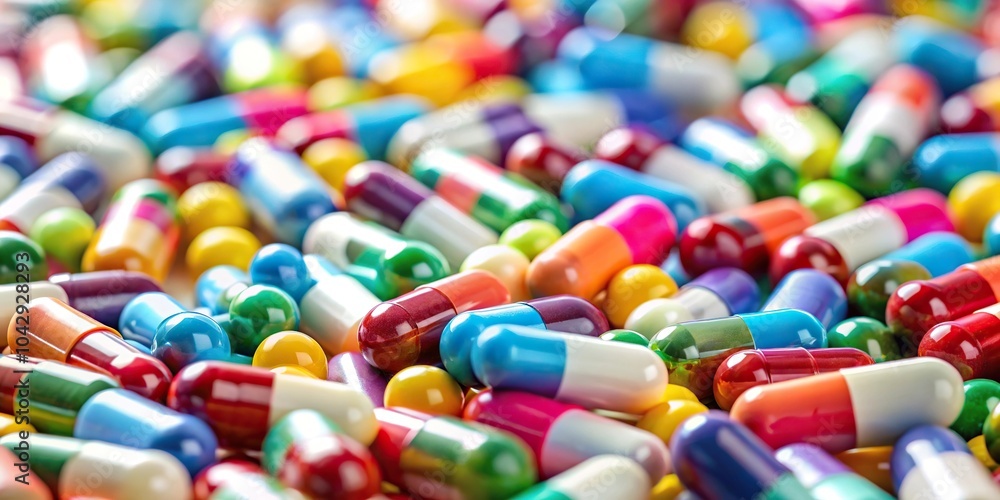 Low angle view of pharmaceutical capsules and pills used as medicine Low angle view of pharmaceutical capsules and pills used as medicine