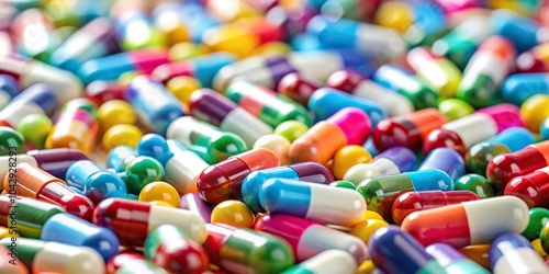 Low angle view of pharmaceutical capsules and pills used as medicine