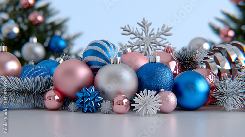 A beautiful collection of blue, pink, and silver Christmas ornaments surrounded by snowflakes and frosted pine branches. Ideal for festive decor, holiday celebrations, and seasonal designs.