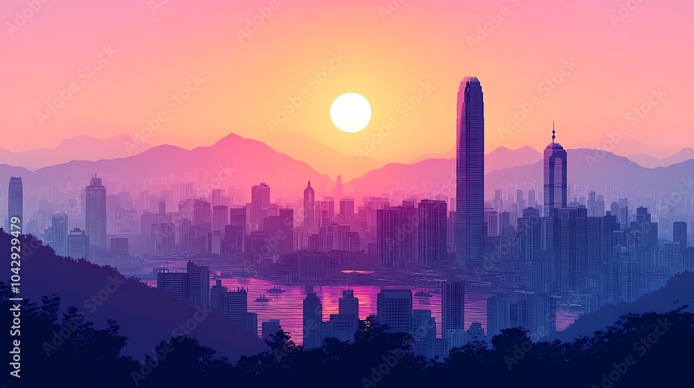 Minimalist silhouette of Hong Kong's skyline, showcasing Victoria Peak and the city's skyscrapers, with a gradient background from dawn, clean lines, simple shapes, flat illustration style, Minimalist silhouette of Hong Kong's skyline, showcasing Victoria Peak and the city's skyscrapers, with a gradient background from dawn, clean lines, simple shapes, flat illustration style,