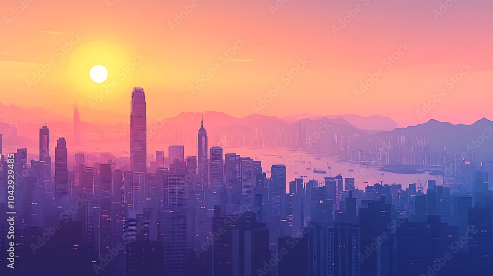 Fototapeta premium Minimalist silhouette of Hong Kong's skyline, showcasing Victoria Peak and the city's skyscrapers, with a gradient background from dawn, clean lines, simple shapes, flat illustration style,