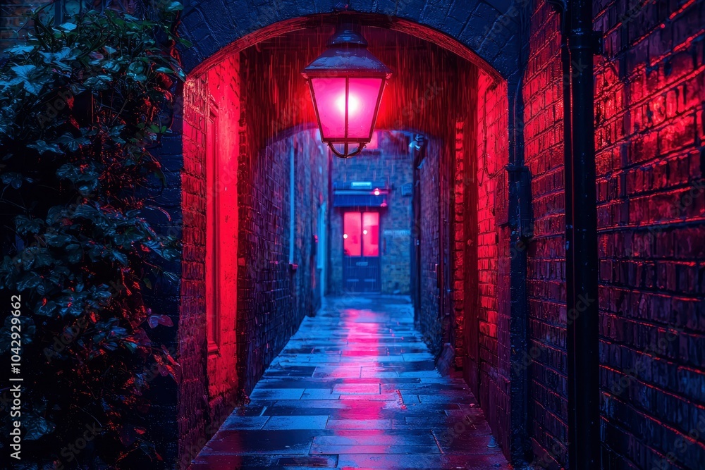 Fototapeta premium Red-Lit Brick Alleyway with Hanging Lantern in Rain