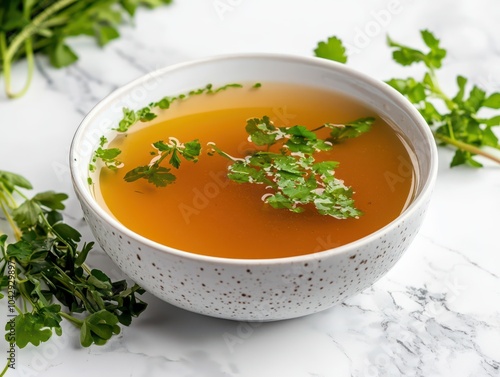 Delicious organic vegetable broth garnished with vibrant microgreens and fresh herbs, perfect for a healthy meal.