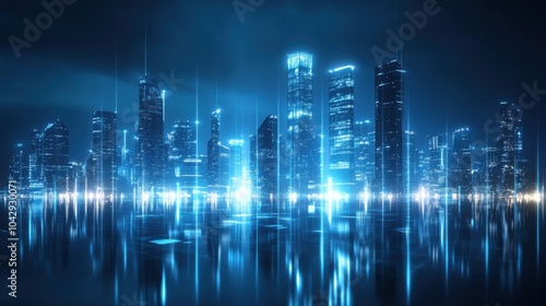 Futuristic city skyline with blue neon lights and reflections at night