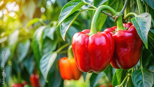 Low angle view of red bell pepper hanging on a tree