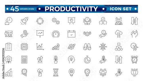 Productivity outline icon set. Containing efficiency, task, focus, multitasking, workflow, growth, routine, project management, automation and productivity. Editable stroke outline icon. 