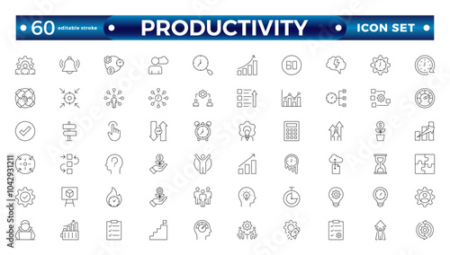 Productivity outline icon set. Containing efficiency, task, focus, multitasking, workflow, growth, routine, project management, automation and productivity. Editable stroke outline icon. 