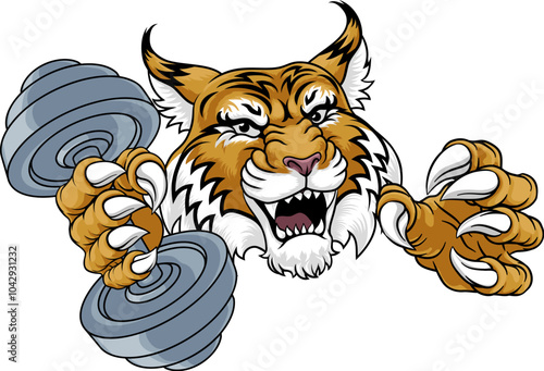 A wildcat cougar lynx lion weight lifting gym animal sports mascot holding a dumbbell weight in his claw