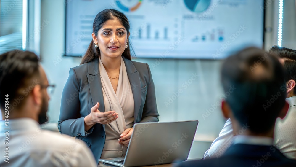 Naklejka premium Indian Businesswoman Leading Seminar with Presentation 