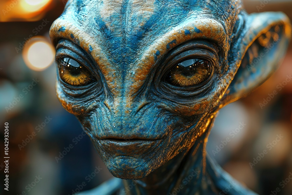 Close-up of an alien creature with textured blue and gold skin, large eyes, and a slightly open mouth Close-up of an alien creature with textured blue and gold skin, large eyes, and a slightly open mouth