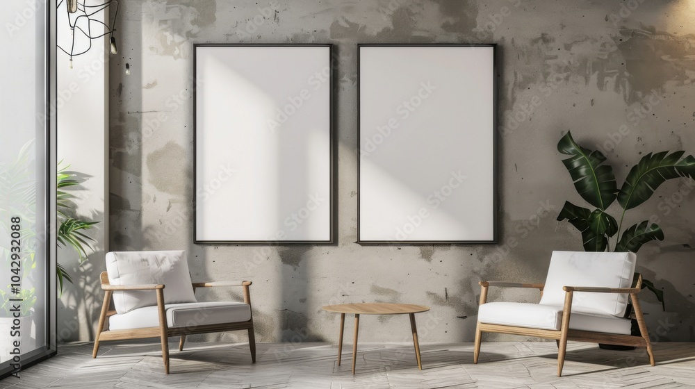 Fototapeta premium Modern minimalist living room with blank frames on concrete wall