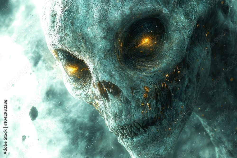 Close-up of an Alien Creature with Glowing Eyes in a Dusty, Gaseous Environment Close-up of an Alien Creature with Glowing Eyes in a Dusty, Gaseous Environment