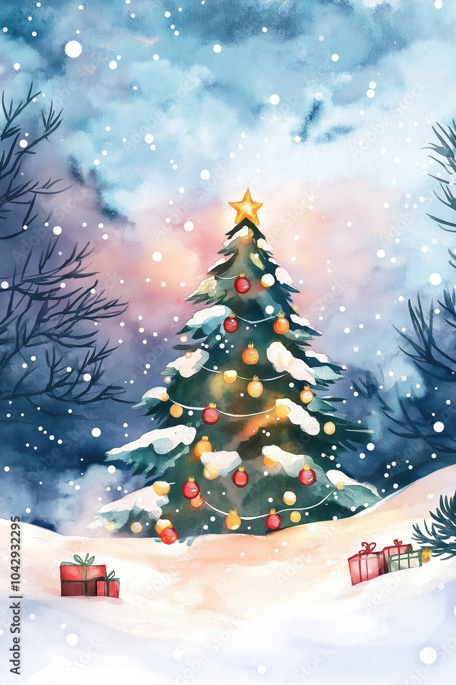 Obraz premium A Christmas tree with lights and ornaments is surrounded by a snowy landscape. The scene is peaceful and serene, with the tree standing tall and proud in the midst of the winter wonderland