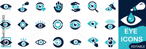 eye icon set featuring eyes, vision, surveillance, supervision, and focus symbols for security, observation, and visual design projects