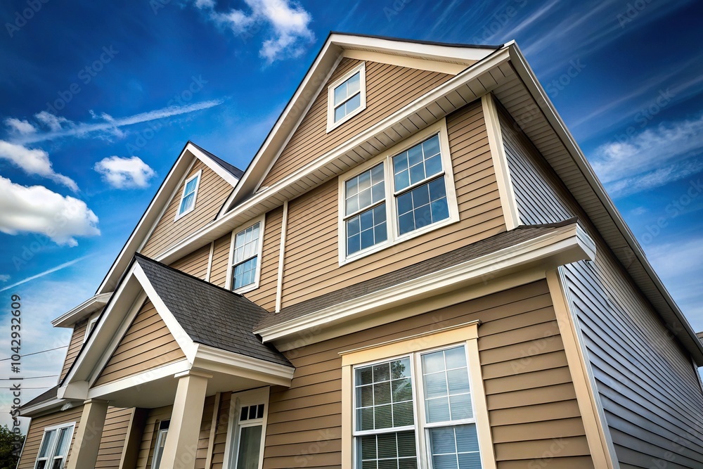 Low angle view of siding installation on house against sky Low angle view of siding installation on house against sky