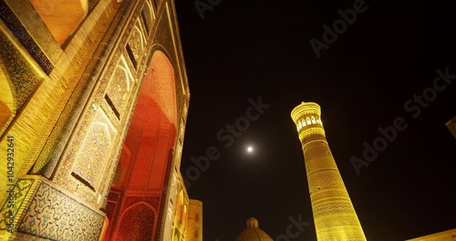 Bukhara old city night time Mir Arab Madrassa near Mosque Poi Kalyan Minaret Uzbekistan Silk road, Night time lights 7 photo