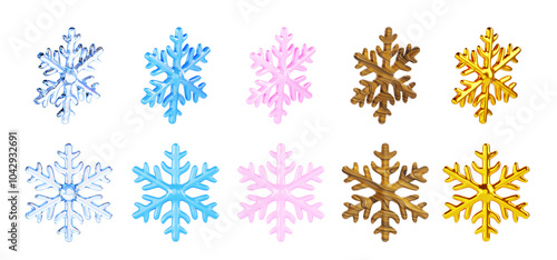 Fototapeta Naklejka Na Ścianę i Meble -  3d set of glass, ice crystal, wood and gold snowflake front and side view. Blue and pink snow flakes render icon for New Year and Christmas decor, cold winter, isolated design element. 3D illustration