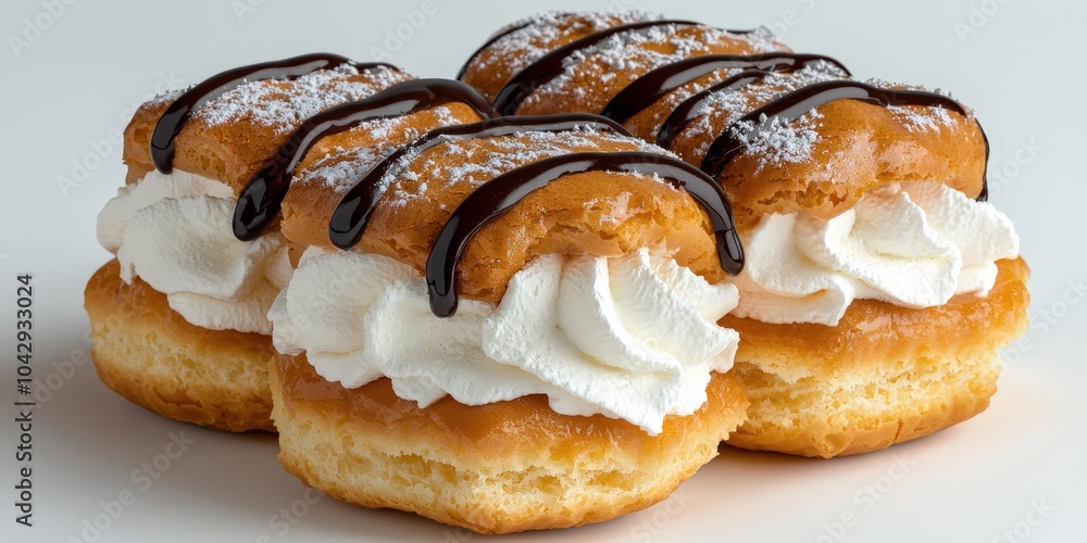 Delicious Cream Puffs with Chocolate Drizzle and Powdered Sugar Delicious Cream Puffs with Chocolate Drizzle and Powdered Sugar