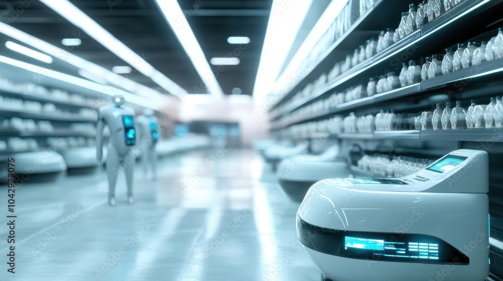 Futuristic robots in a modern retail store with automated shelves and technology Futuristic robots in a modern retail store with automated shelves and technology