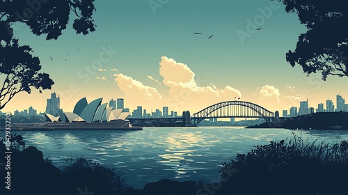 Minimalist silhouette of Sydney's waterfront, showcasing the Opera House and Harbour Bridge, with a calm ocean backdrop, clean lines, simple shapes, flat illustration style, muted pastel colors, photo