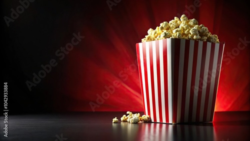 Low angle view of striped box with popcorn on red and black background