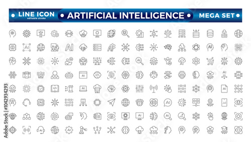 Artificial intelligence set of outline web icons. AI technology icons for web and mobile app. Machine learning, digital AI technology, algorithm, smart robotics. Editable stroke outline icon. 

